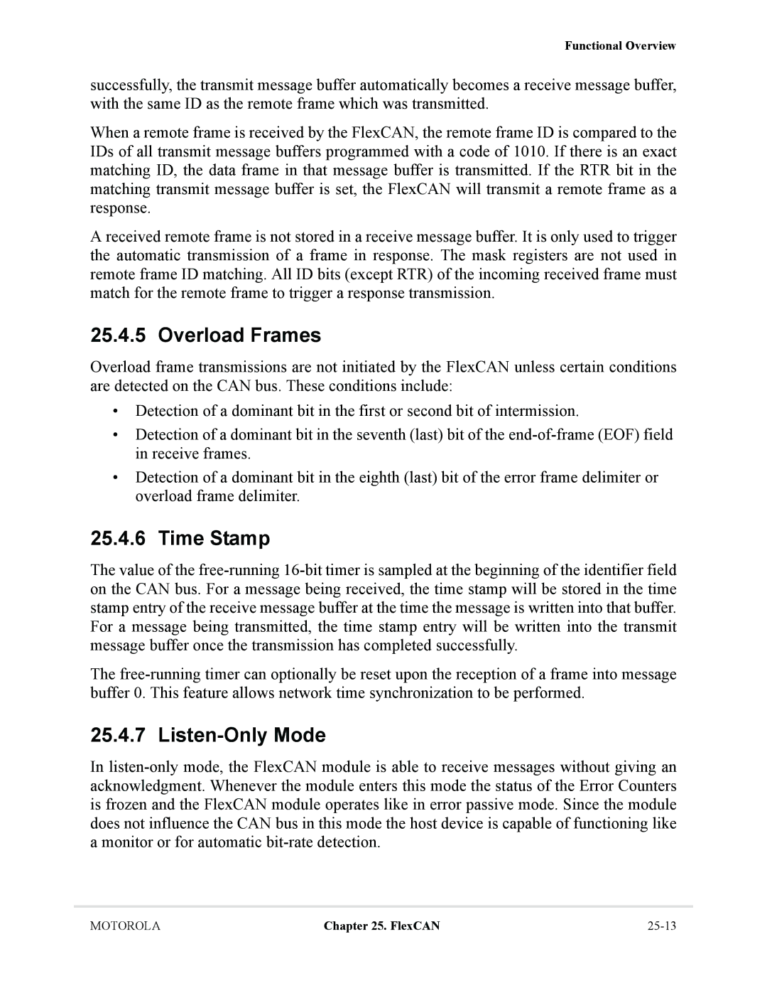 Motorola MCF5281, MCF5282 user manual Overload Frames, Time Stamp, Listen-Only Mode 