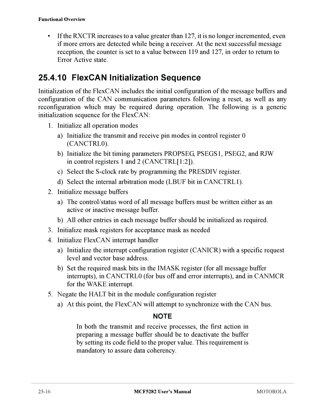 Motorola MCF5282, MCF5281 user manual FlexCAN Initialization Sequence 