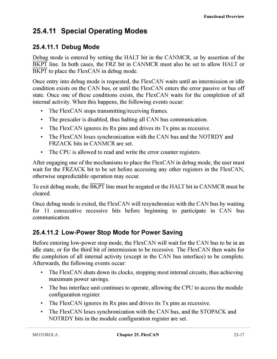 Motorola MCF5281, MCF5282 user manual Special Operating Modes, Debug Mode, Low-Power Stop Mode for Power Saving 