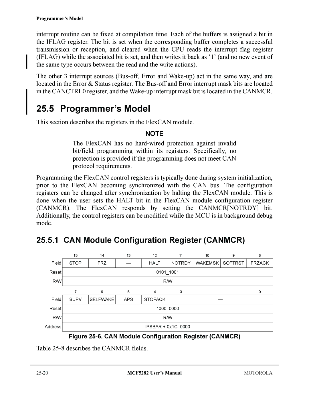 Motorola MCF5282, MCF5281 Programmer’s Model, Can Module Configuration Register Canmcr, 8describes the Canmcr fields 