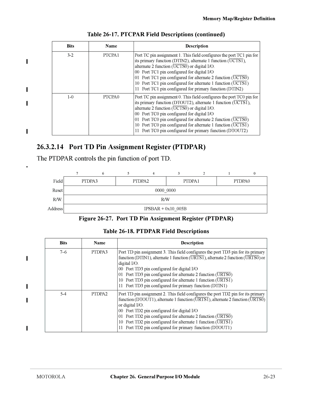 Motorola MCF5281, MCF5282 user manual Port TD Pin Assignment Register Ptdpar, Ptdpar controls the pin function of port TD 