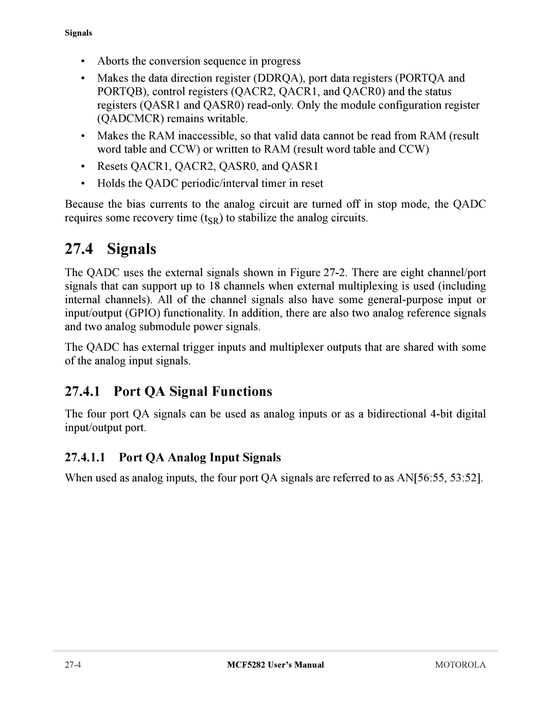 Motorola MCF5282, MCF5281 user manual Port QA Signal Functions, Port QA Analog Input Signals 