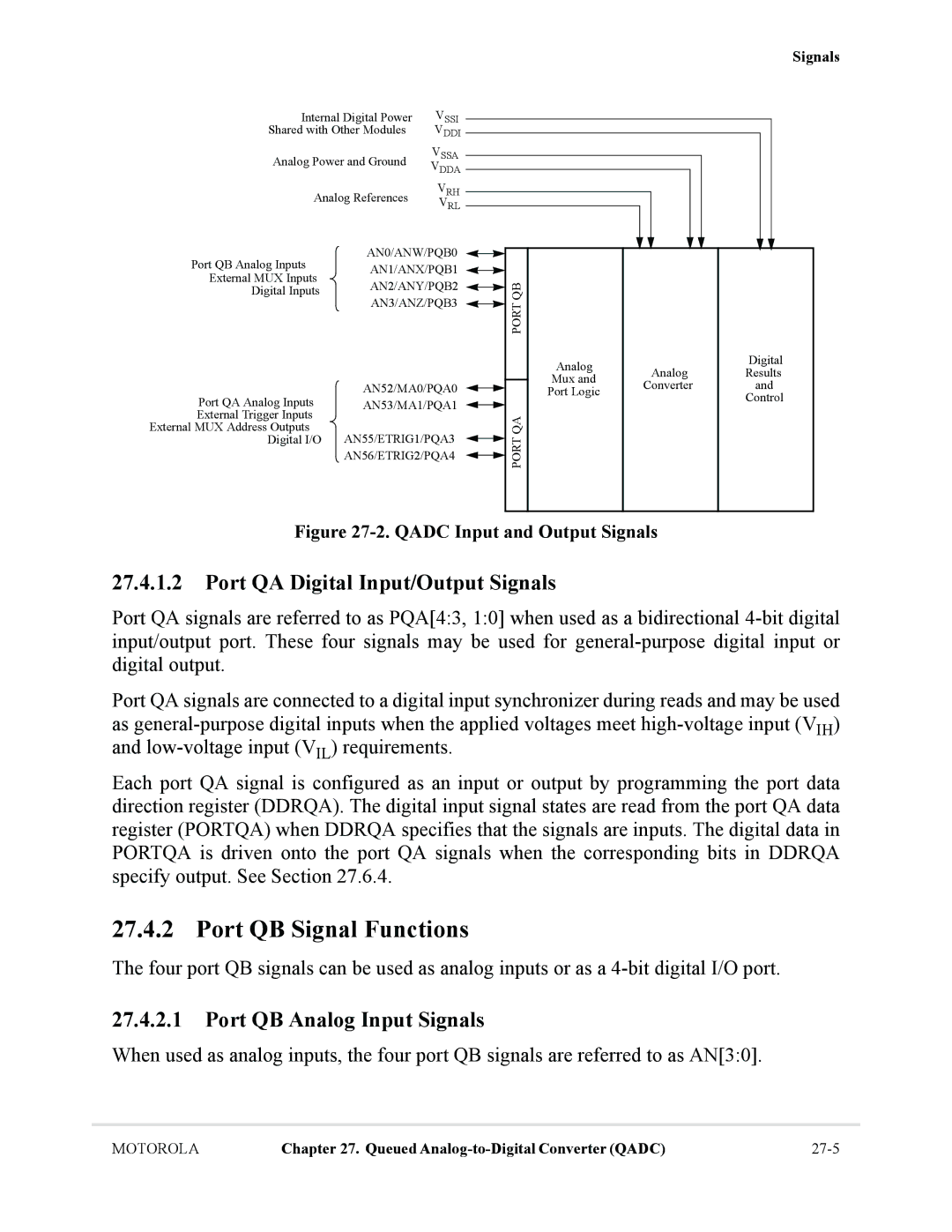 Motorola MCF5281, MCF5282 Port QB Signal Functions, Port QA Digital Input/Output Signals, Port QB Analog Input Signals 