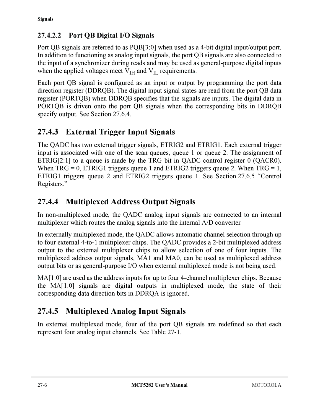 Motorola MCF5282 External Trigger Input Signals, Multiplexed Address Output Signals, Multiplexed Analog Input Signals 