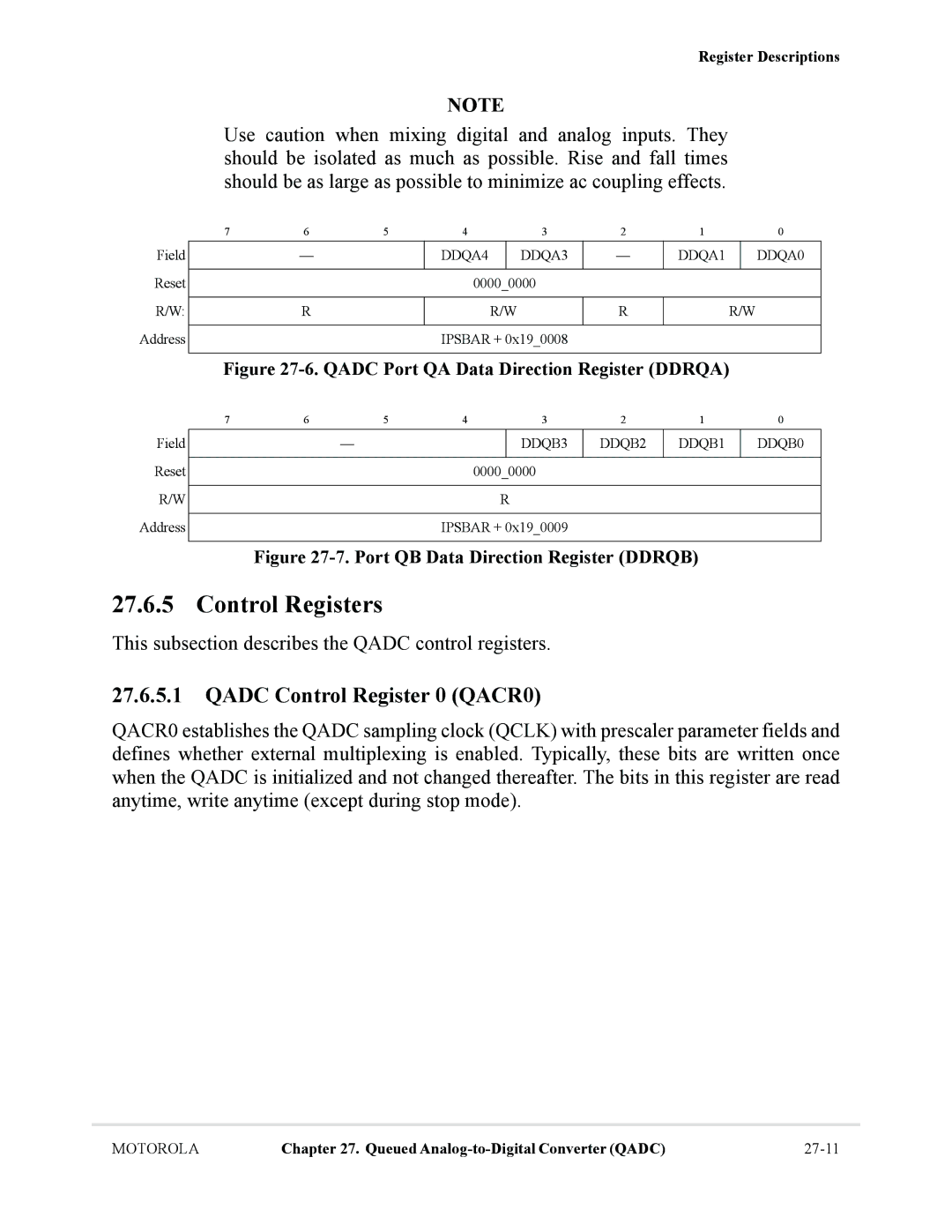 Motorola MCF5281 Control Registers, Qadc Control Register 0 QACR0, This subsection describes the Qadc control registers 