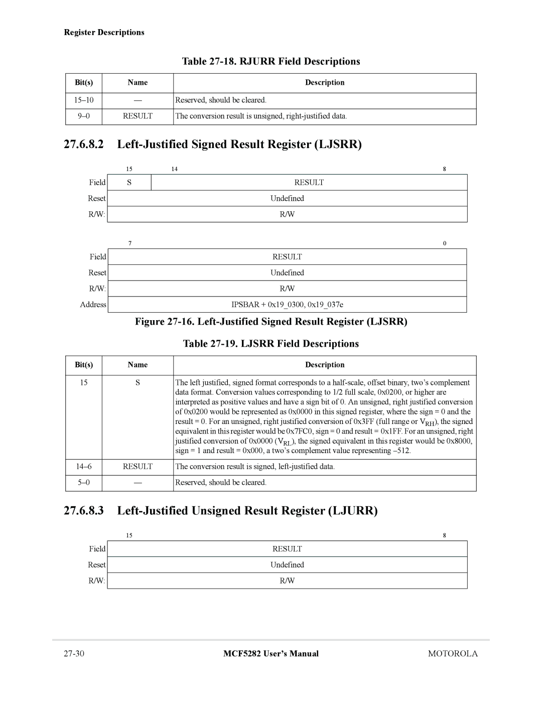 Motorola MCF5282, MCF5281 Left-Justified Signed Result Register Ljsrr, Left-Justified Unsigned Result Register Ljurr 