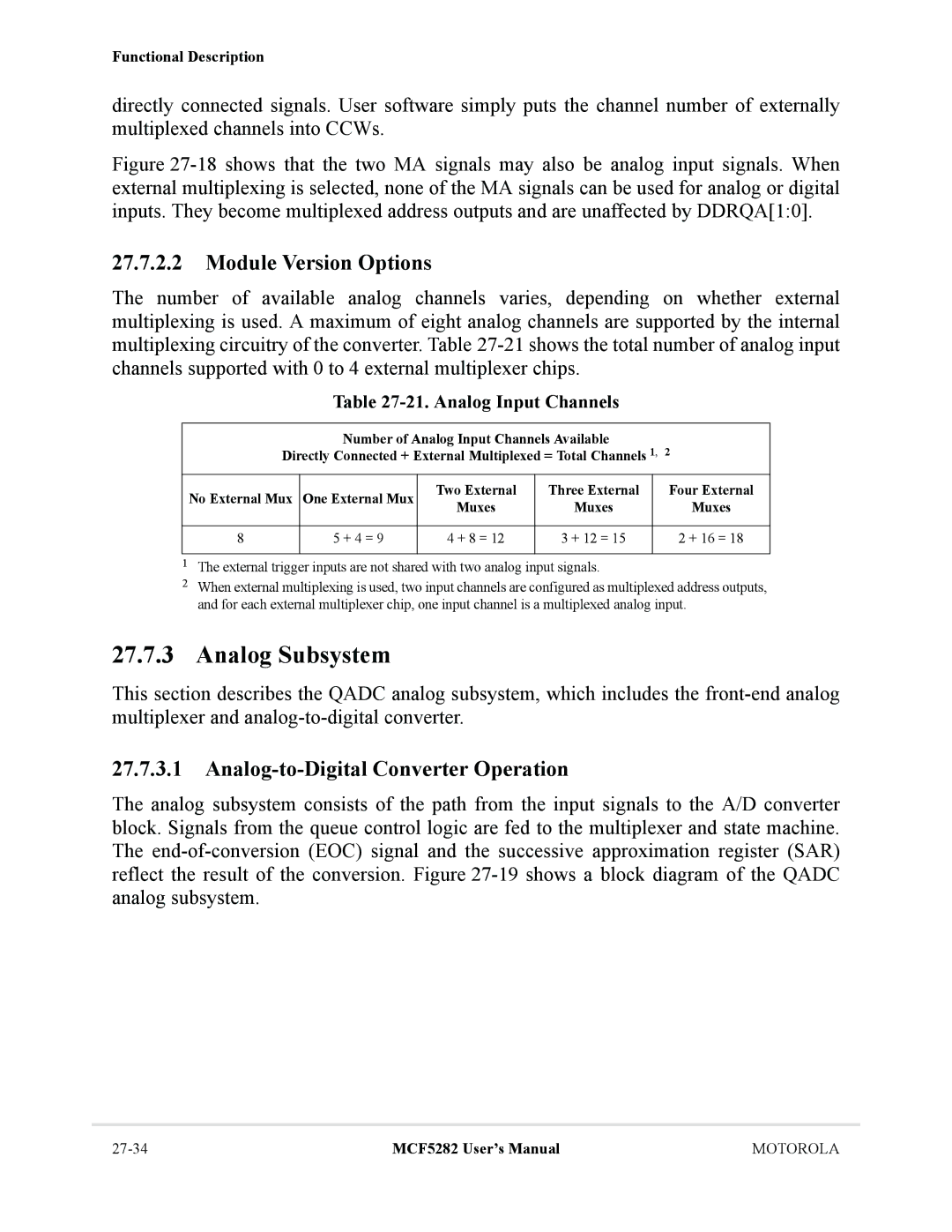 Motorola MCF5282 Analog Subsystem, Module Version Options, Analog-to-Digital Converter Operation, Analog Input Channels 