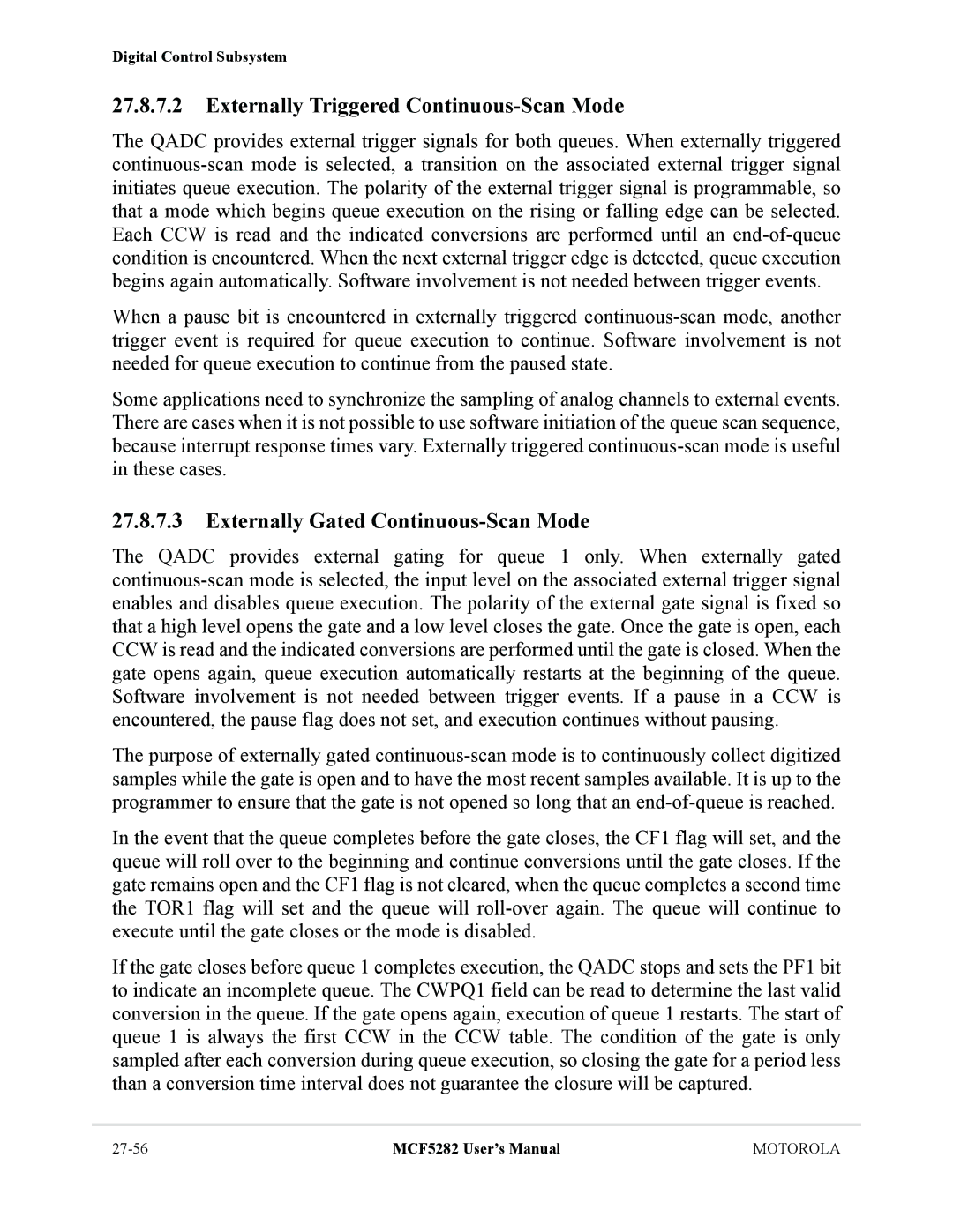 Motorola MCF5282, MCF5281 user manual Externally Triggered Continuous-Scan Mode, Externally Gated Continuous-Scan Mode 