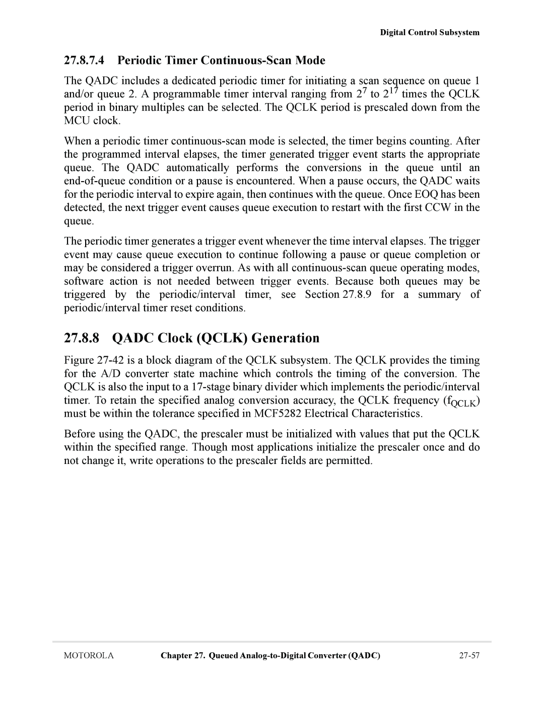 Motorola MCF5281, MCF5282 user manual Qadc Clock Qclk Generation, Periodic Timer Continuous-Scan Mode 