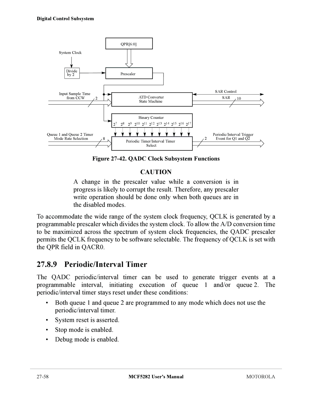 Motorola MCF5282, MCF5281 user manual Periodic/Interval Timer, Qadc Clock Subsystem Functions 