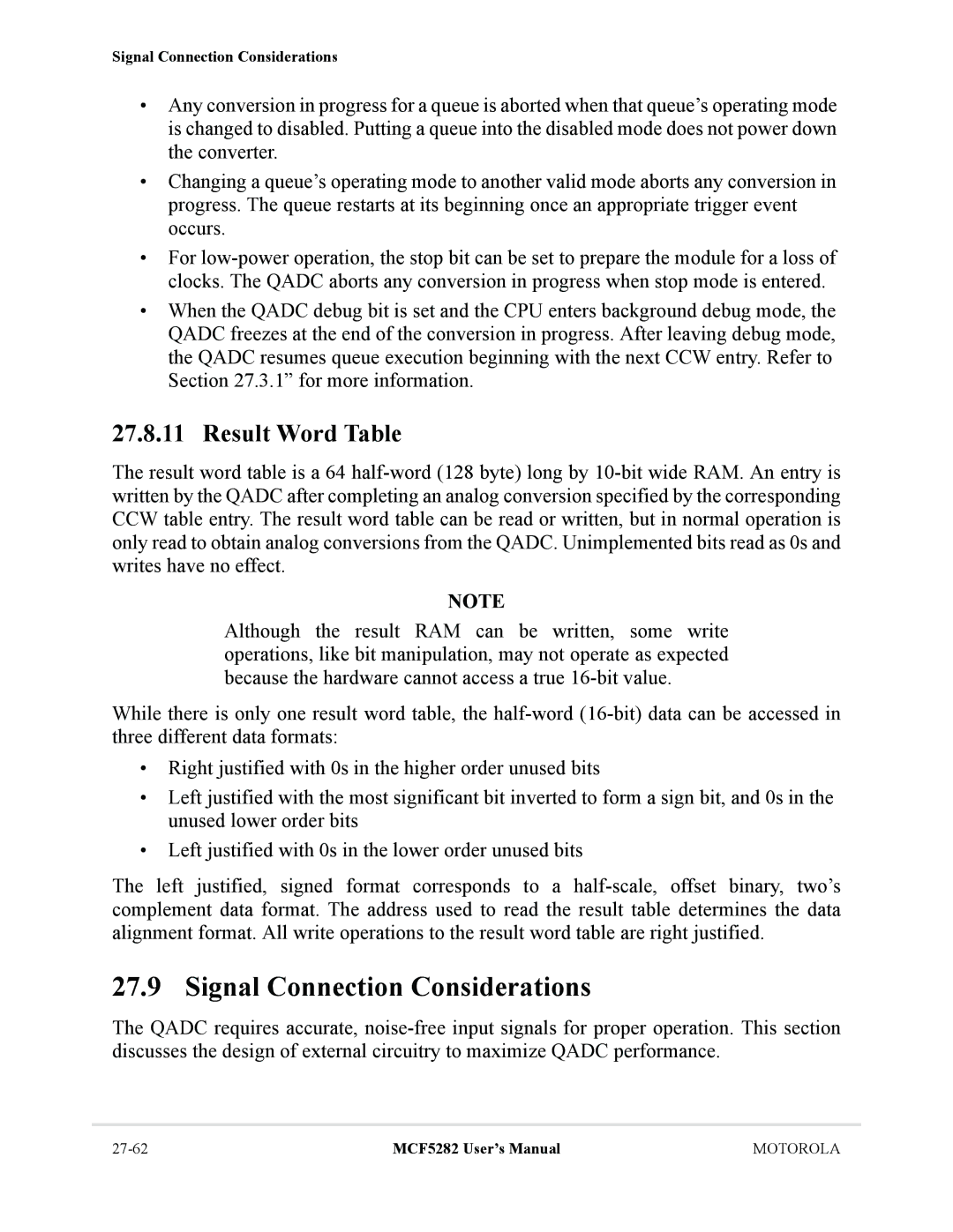 Motorola MCF5282, MCF5281 user manual Signal Connection Considerations, Result Word Table 