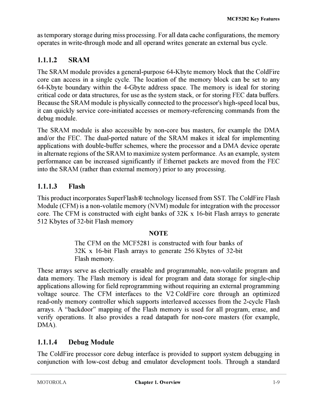 Motorola MCF5281, MCF5282 user manual Sram, Flash, Debug Module 