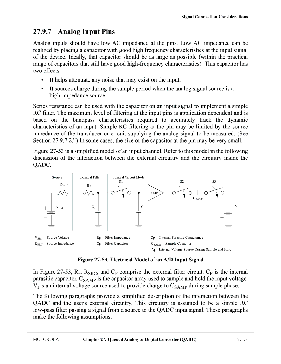 Motorola MCF5281, MCF5282 user manual Analog Input Pins, Electrical Model of an A/D Input Signal 