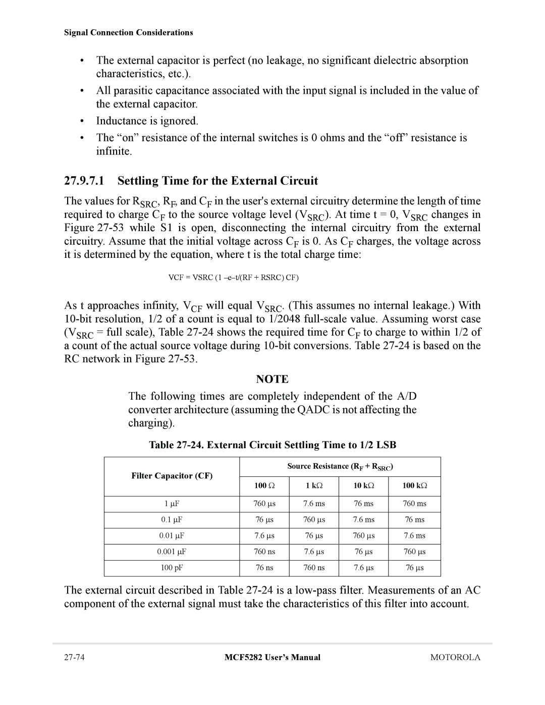 Motorola MCF5282, MCF5281 user manual Settling Time for the External Circuit, External Circuit Settling Time to 1/2 LSB 