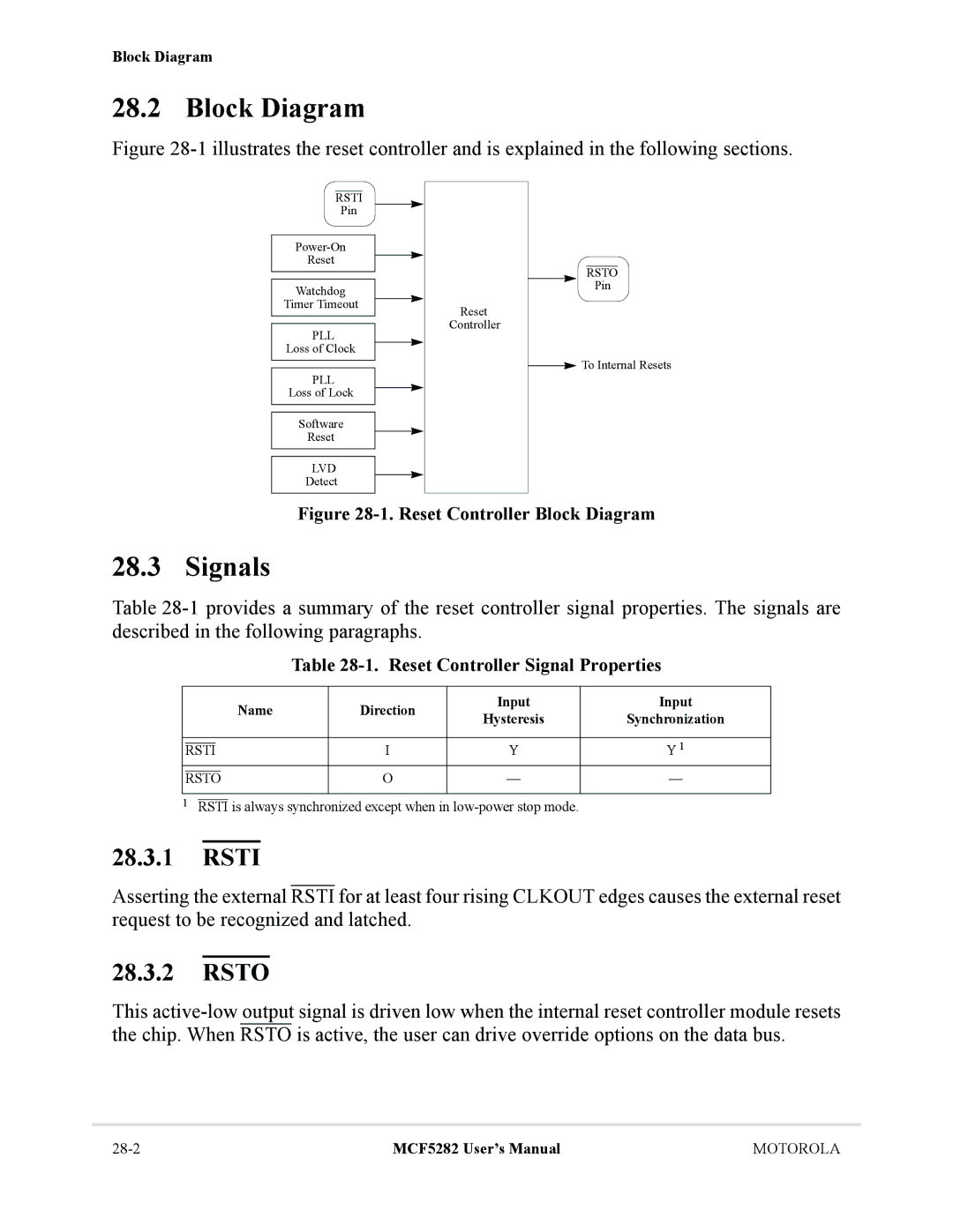 Motorola MCF5282, MCF5281 user manual Rsti, Rsto, Reset Controller Signal Properties, Name Direction Input 