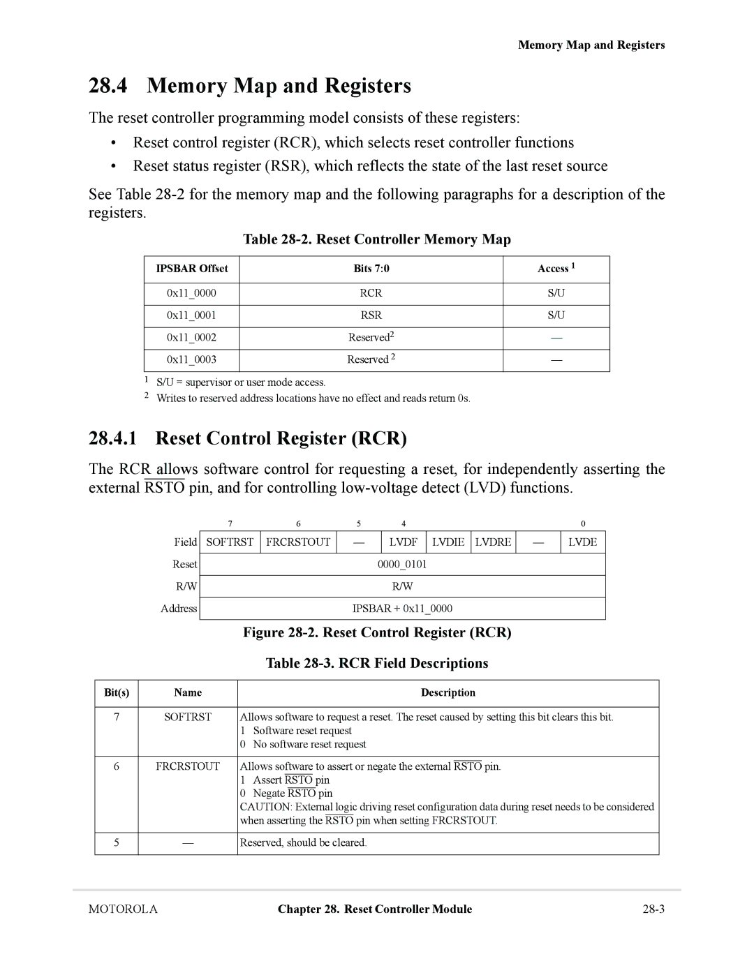 Motorola MCF5281, MCF5282 user manual Reset Control Register RCR, Reset Controller Memory Map 