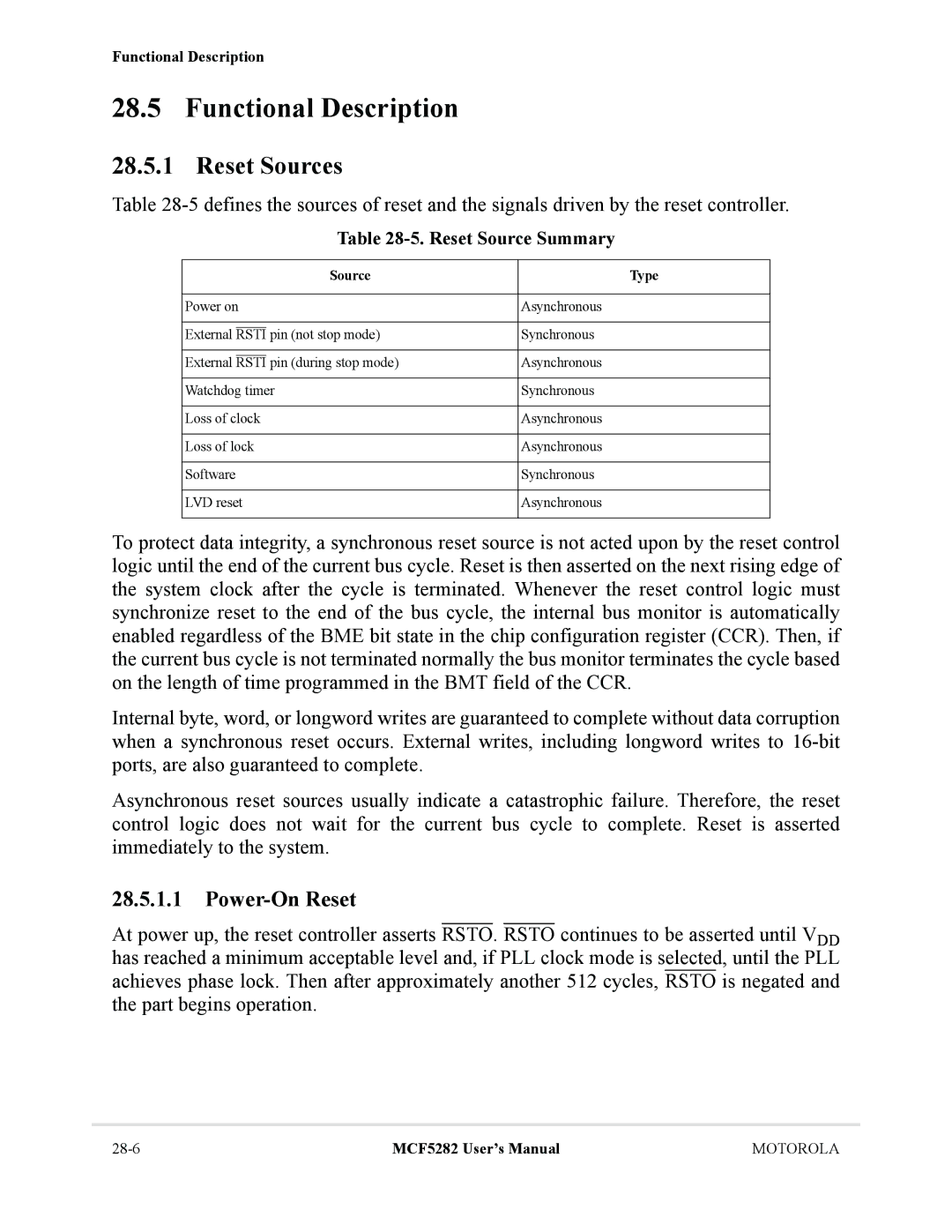 Motorola MCF5282, MCF5281 user manual Reset Sources, Power-On Reset, Reset Source Summary, Source Type 