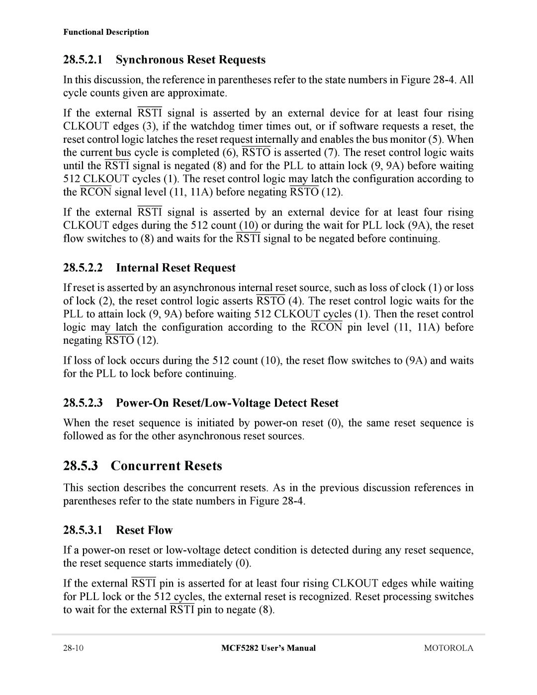 Motorola MCF5282, MCF5281 user manual Concurrent Resets, Synchronous Reset Requests, Internal Reset Request, Reset Flow 