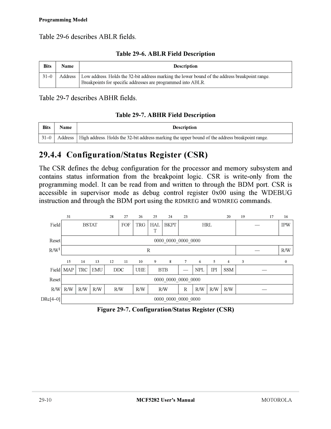 Motorola MCF5282 Configuration/Status Register CSR, 6describes Ablr fields, 7describes Abhr fields, Ablr Field Description 