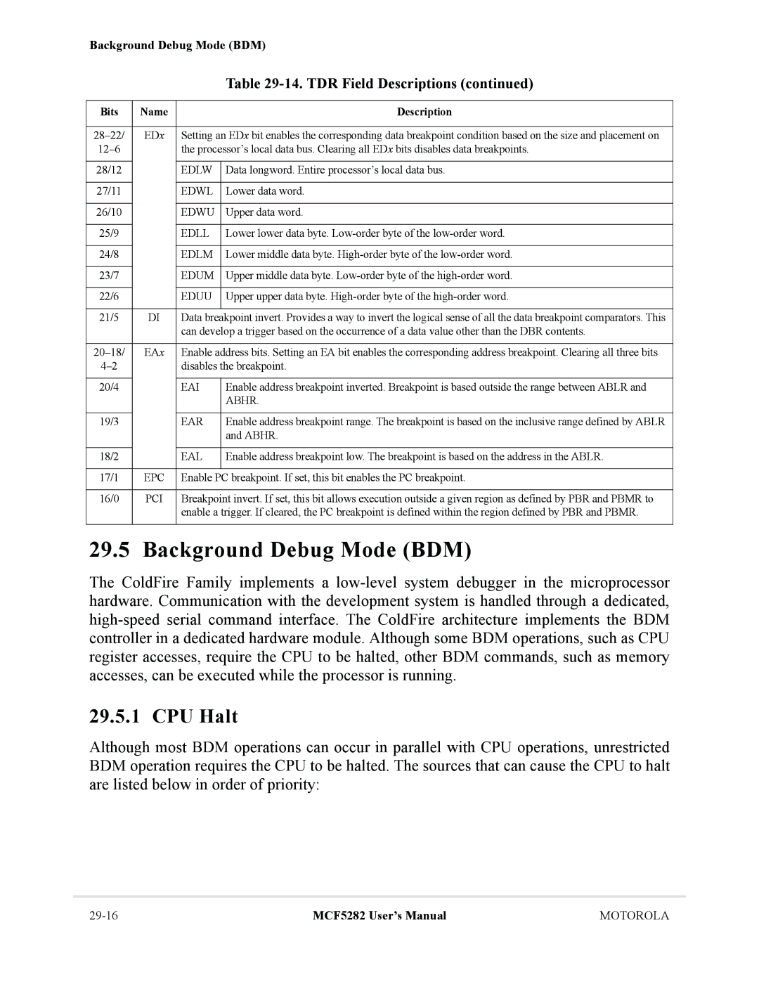 Motorola MCF5282, MCF5281 user manual Background Debug Mode BDM, CPU Halt, Edum, Eduu 