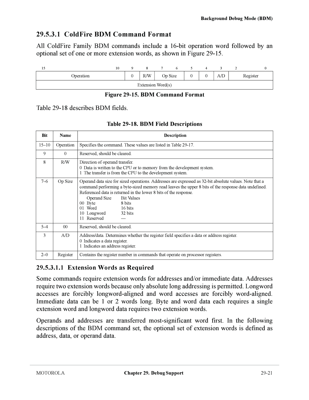 Motorola MCF5281 ColdFire BDM Command Format, 18describes BDM fields, Extension Words as Required, BDM Field Descriptions 