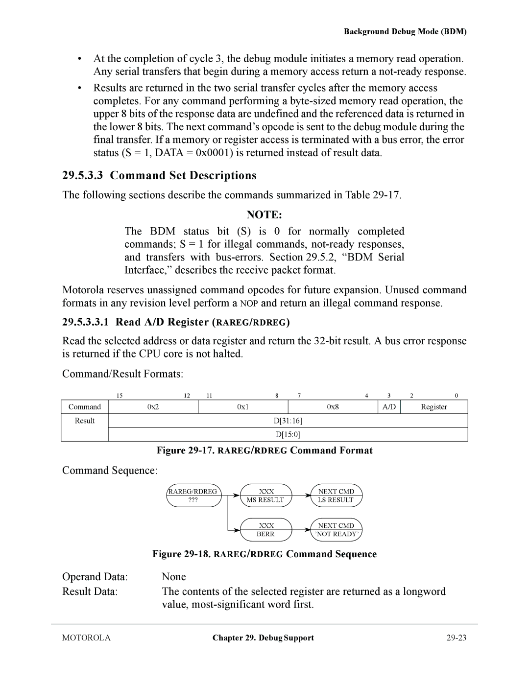 Motorola MCF5281, MCF5282 user manual Command Set Descriptions, Read A/D Register RAREG/RDREG, Command Sequence 