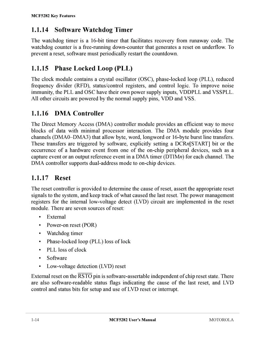 Motorola MCF5282, MCF5281 user manual Software Watchdog Timer, Phase Locked Loop PLL, DMA Controller, Reset 