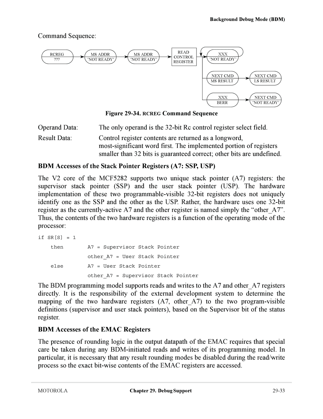 Motorola MCF5281, MCF5282 BDM Accesses of the Stack Pointer Registers A7 SSP, USP, BDM Accesses of the Emac Registers 