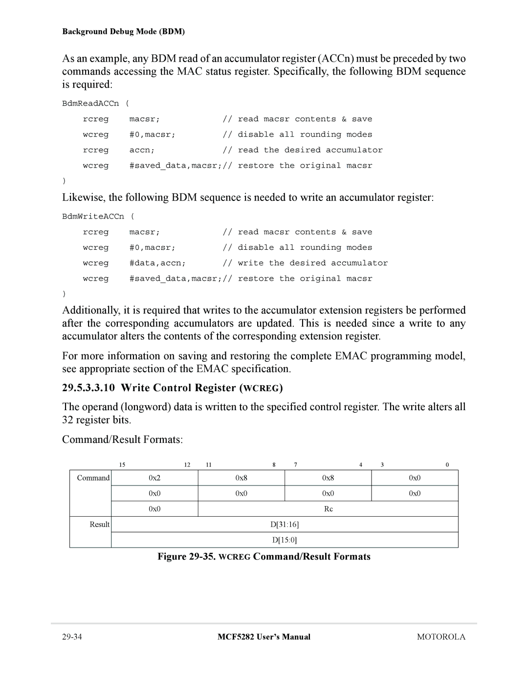 Motorola MCF5282, MCF5281 user manual Write Control Register Wcreg, Wcreg Command/Result Formats 