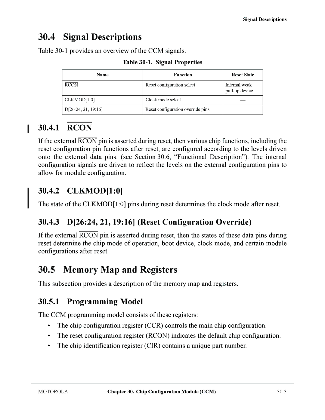 Motorola MCF5281, MCF5282 Signal Descriptions, Rcon, CLKMOD10, 30.4.3 D2624, 21, 1916 Reset Configuration Override 