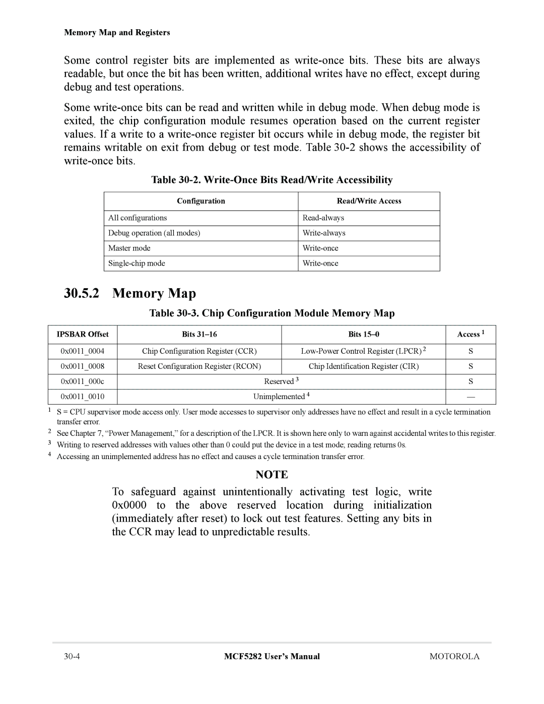 Motorola MCF5282, MCF5281 user manual Write-Once Bits Read/Write Accessibility, Configuration Read/Write Access 