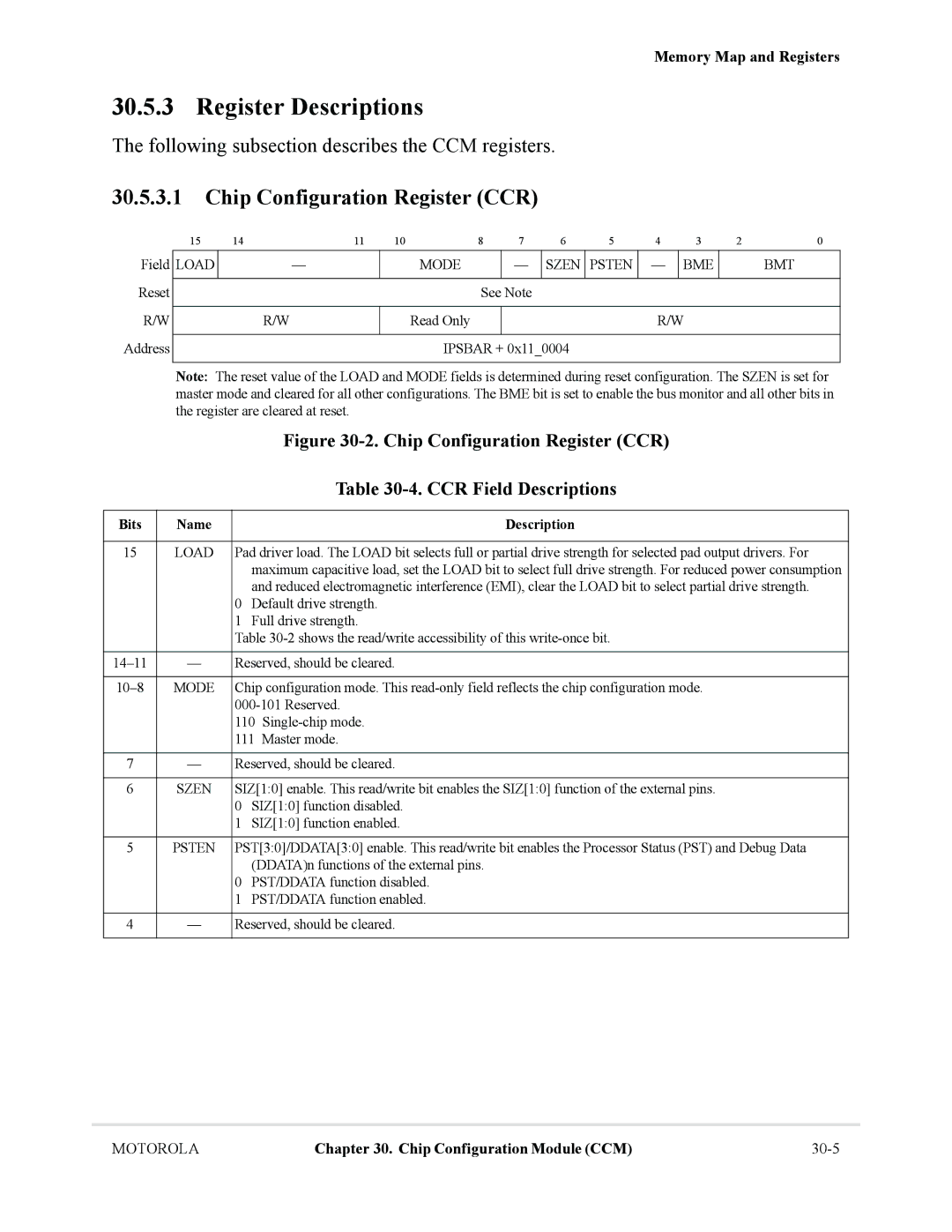 Motorola MCF5281 Chip Configuration Register CCR, Following subsection describes the CCM registers, Szen, Bmt, Psten 