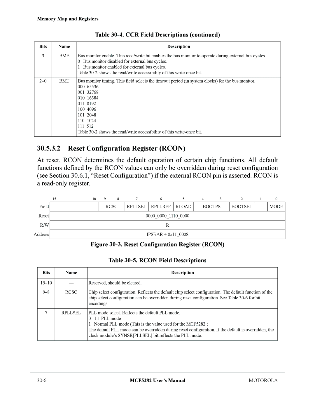 Motorola MCF5282, MCF5281 user manual Reset Configuration Register Rcon, Rcsc Rpllsel Rpllref, Bootps 