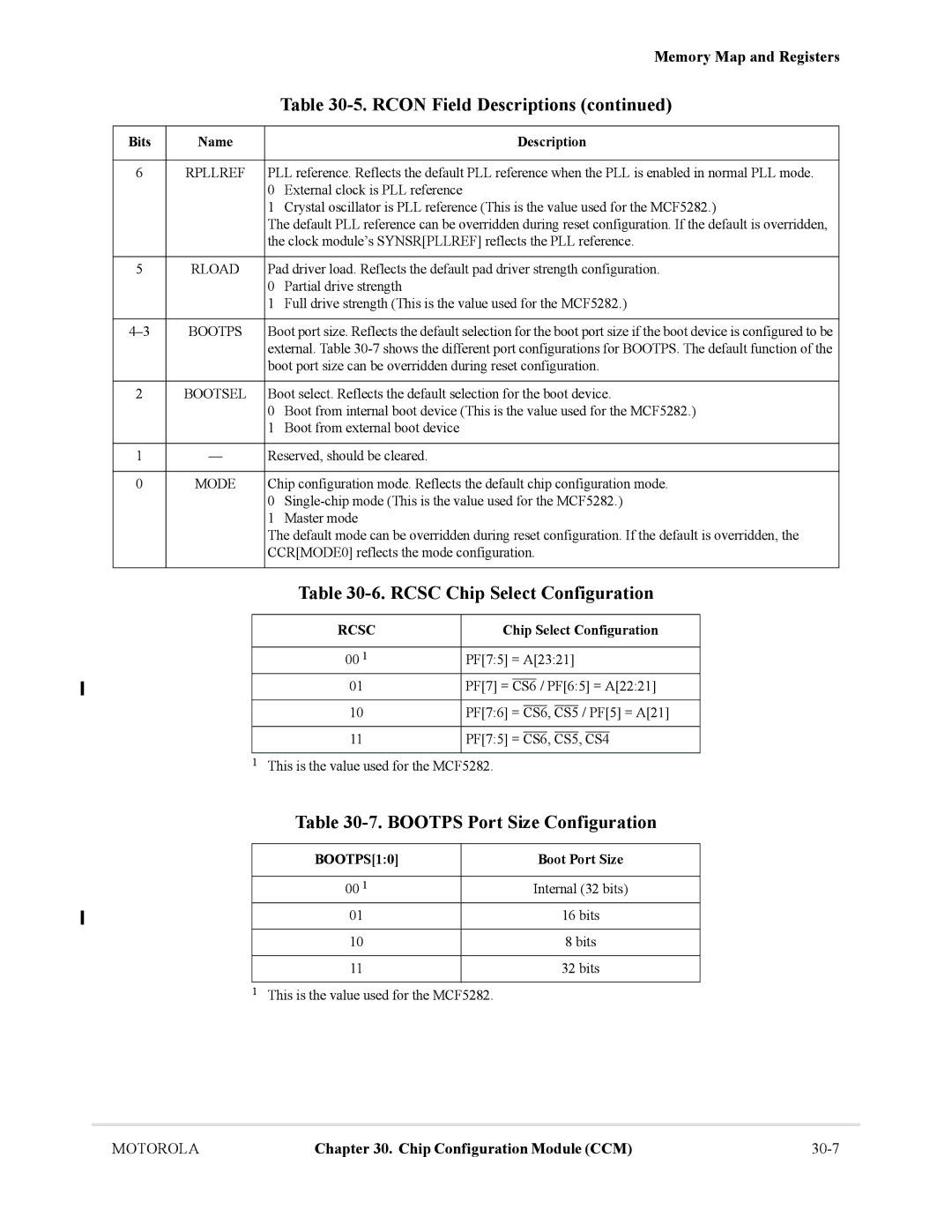 Motorola MCF5281, MCF5282 user manual Rcsc Chip Select Configuration, Bootps Port Size Configuration, Boot Port Size 