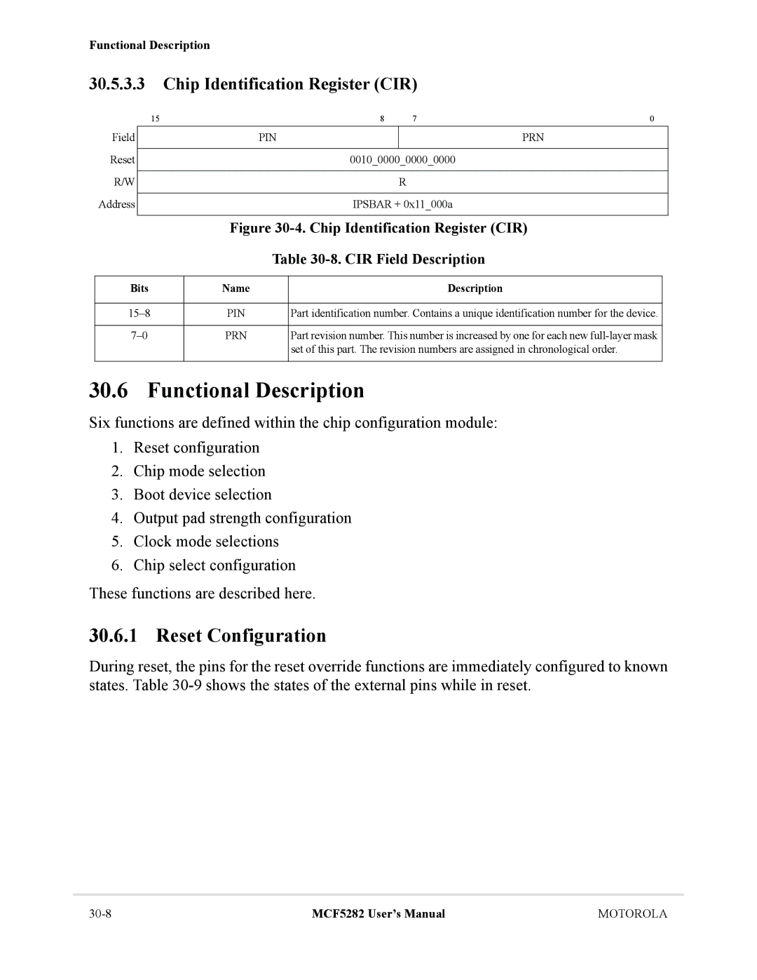 Motorola MCF5282, MCF5281 user manual Reset Configuration, Chip Identification Register CIR, Pin Prn 