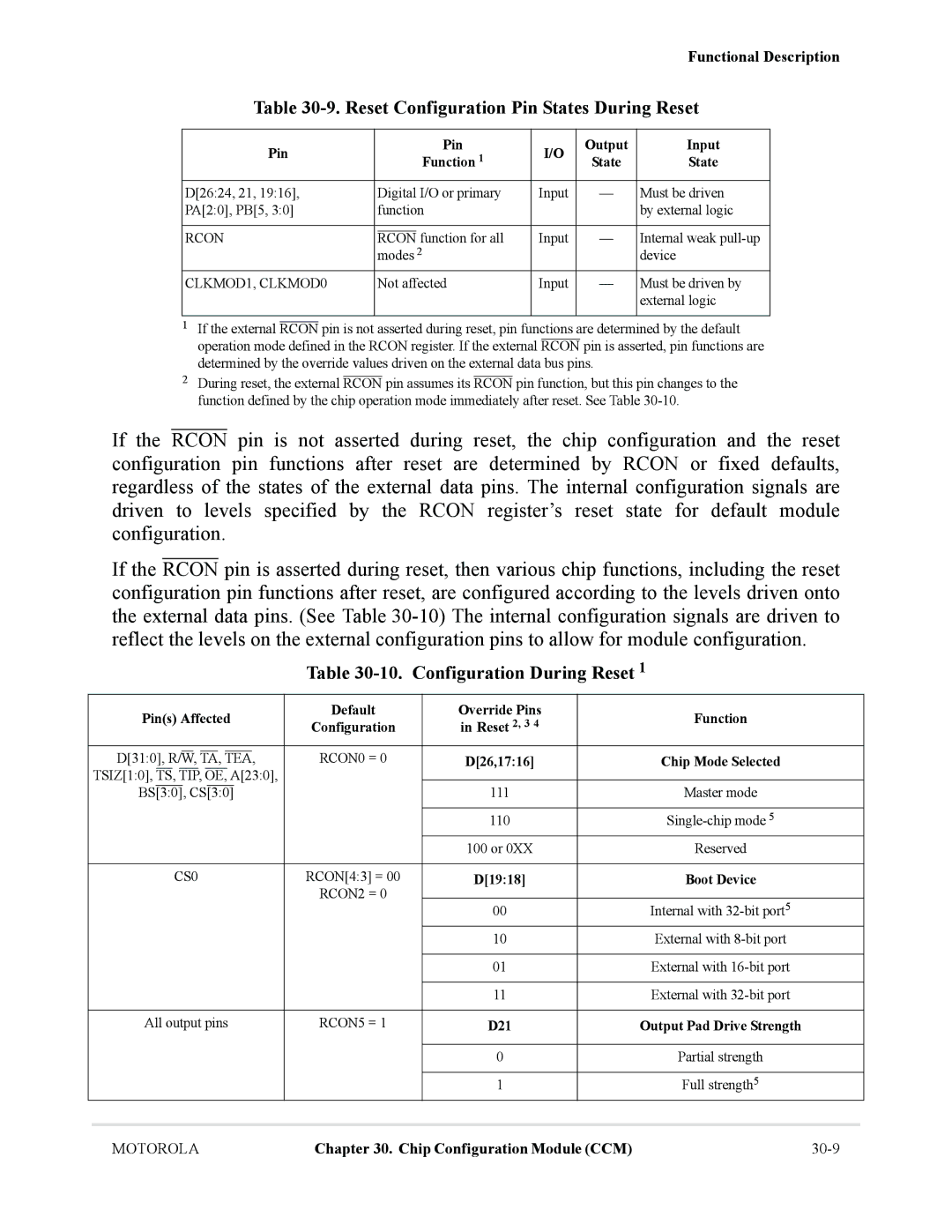 Motorola MCF5281, MCF5282 user manual Reset Configuration Pin States During Reset, Configuration During Reset 