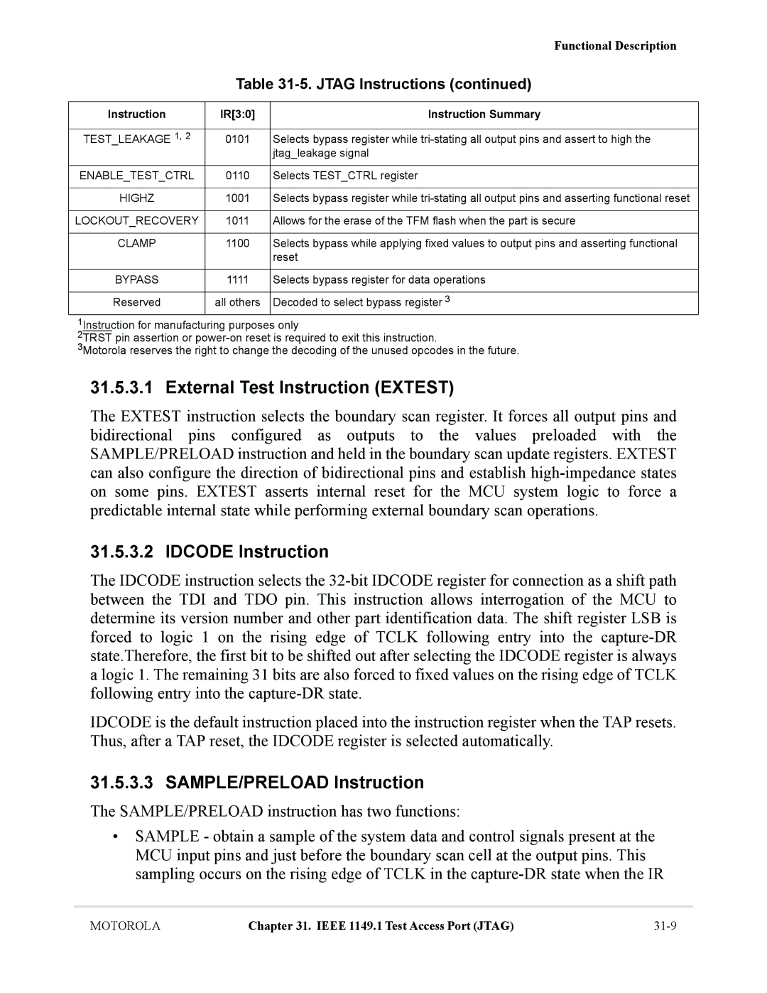 Motorola MCF5281, MCF5282 user manual External Test Instruction Extest, Idcode Instruction, SAMPLE/PRELOAD Instruction 