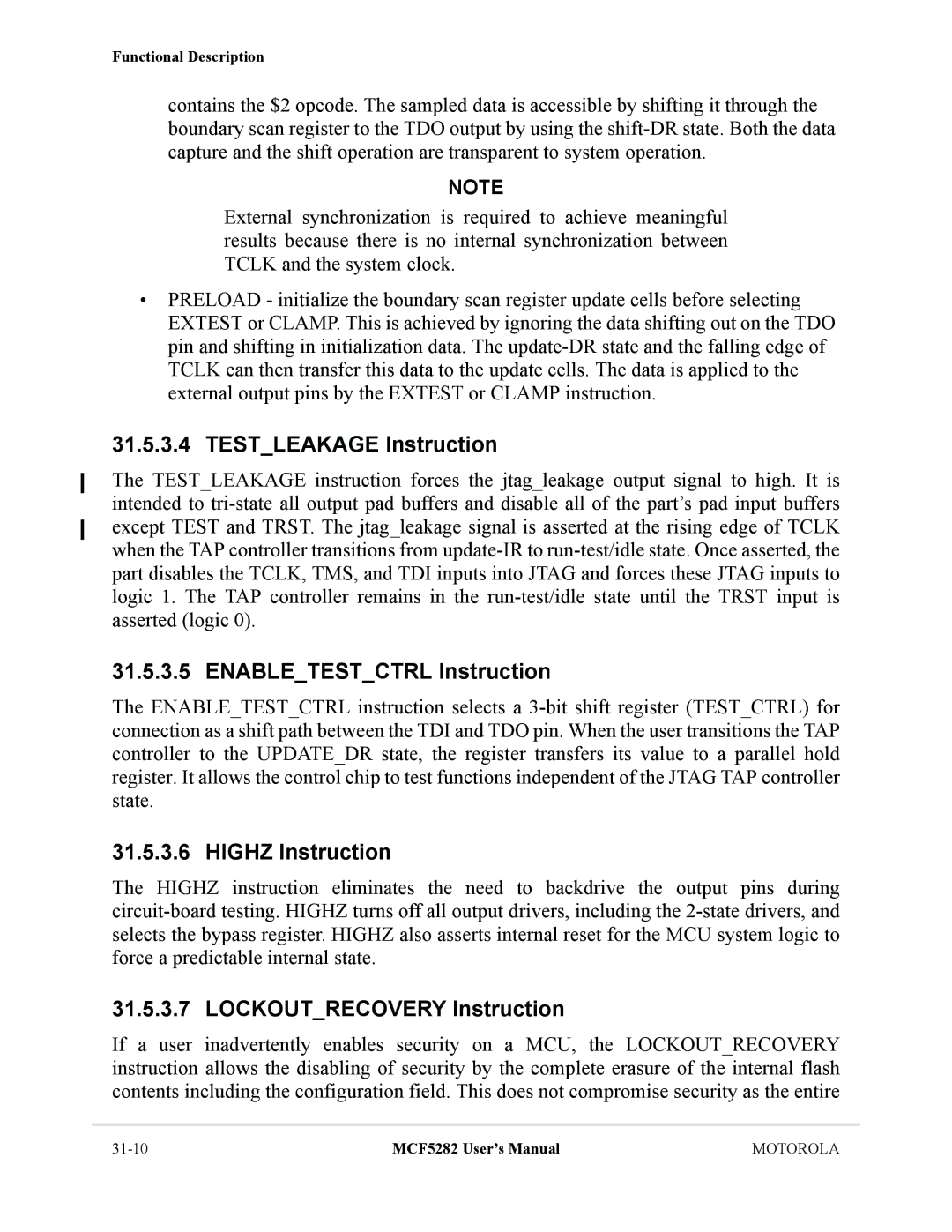 Motorola MCF5282 Testleakage Instruction, Enabletestctrl Instruction, Highz Instruction, Lockoutrecovery Instruction 