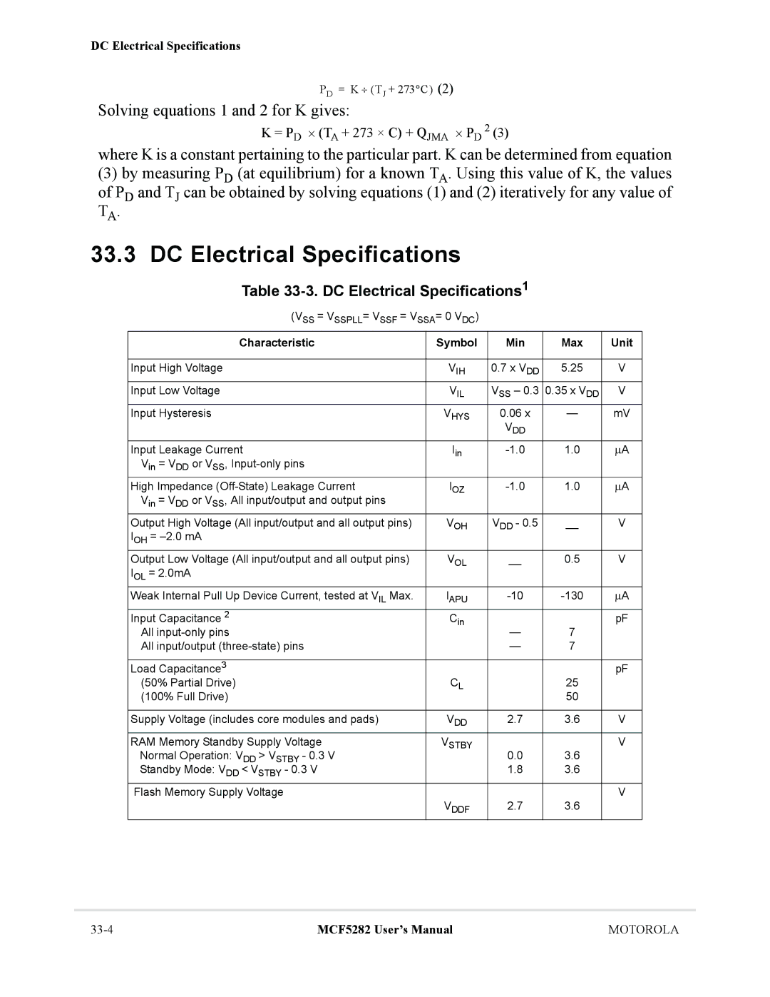 Motorola MCF5282, MCF5281 user manual Solving equations 1 and 2 for K gives, DC Electrical Specifications1 