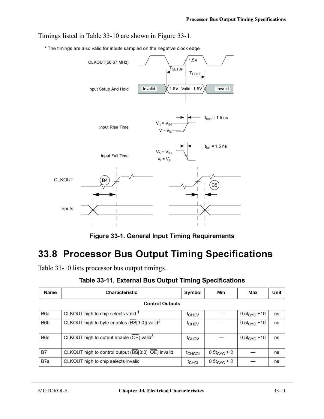 Motorola MCF5281, MCF5282 user manual Processor Bus Output Timing Specifications, Timings listed in -10are shown in Figure 