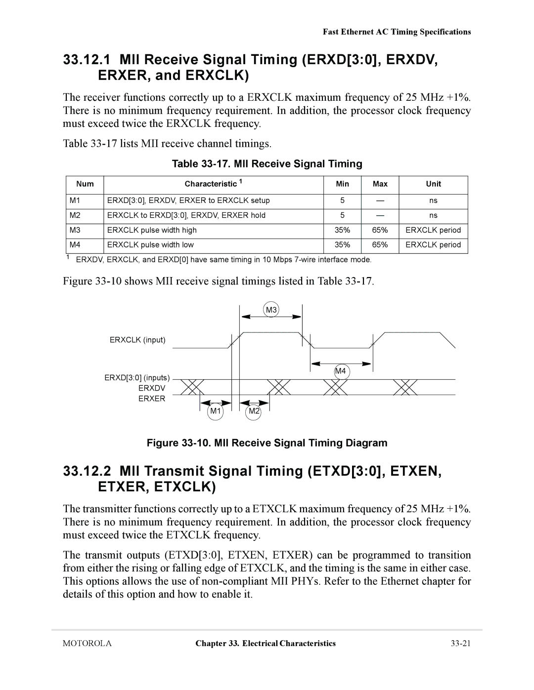 Motorola MCF5281 MII Receive Signal Timing ERXD30, ERXDV, ERXER, and Erxclk, Num Characteristic Min Max Unit, Erxdv Erxer 