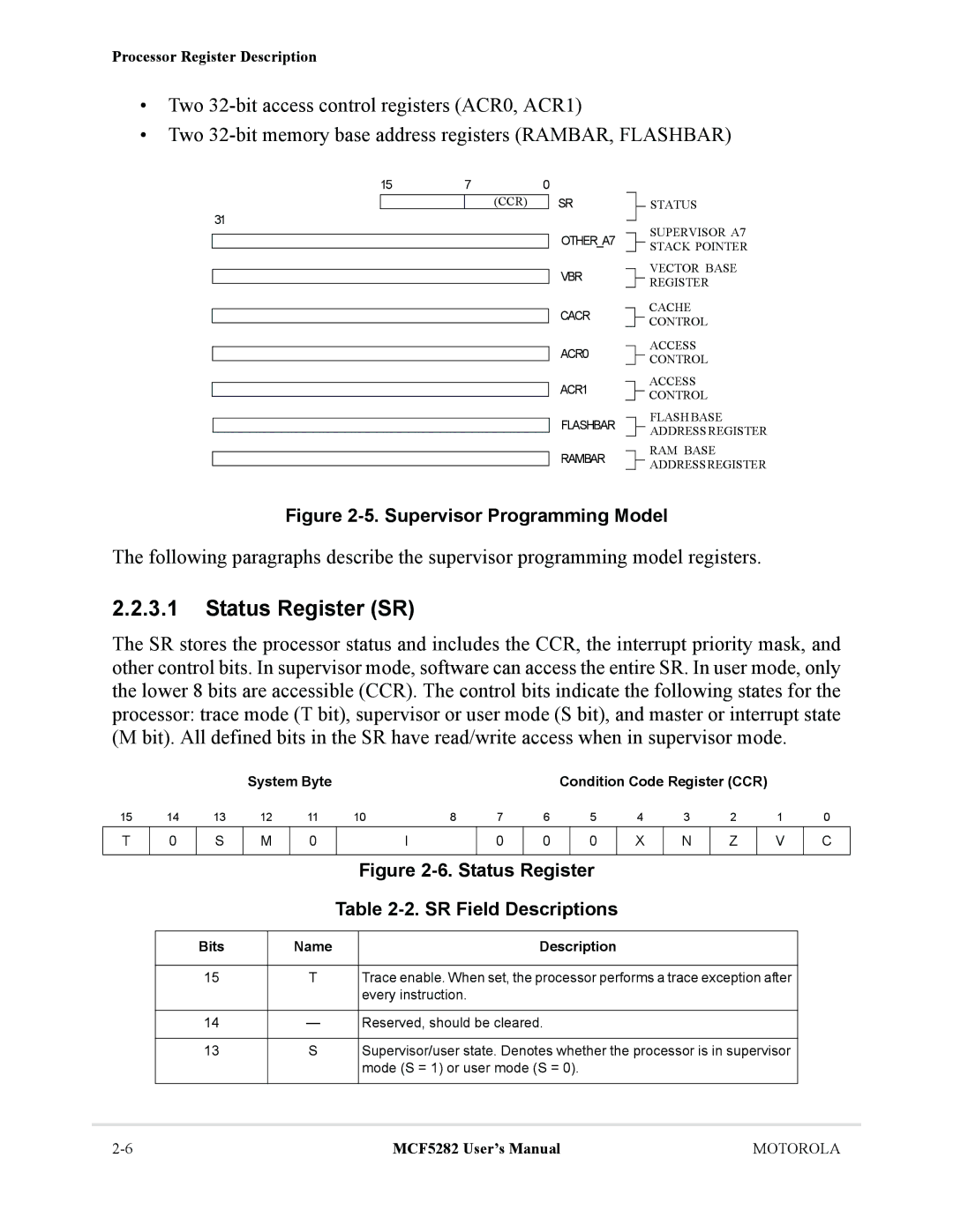 Motorola MCF5282, MCF5281 user manual Status Register SR, System Byte Condition Code Register CCR, Bits 