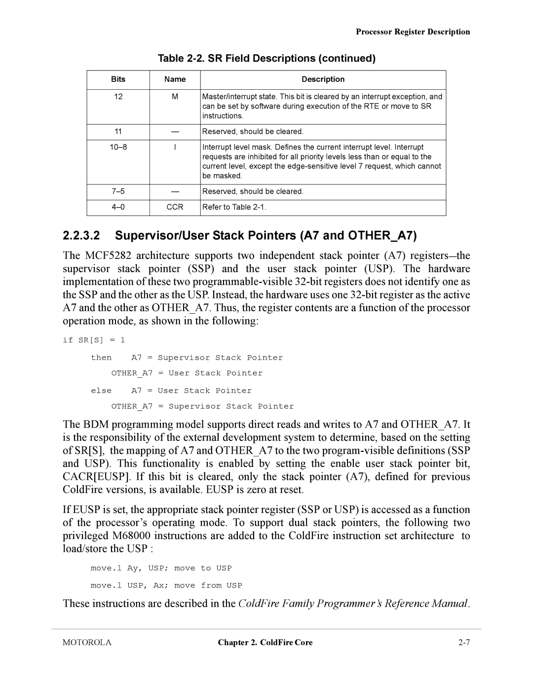 Motorola MCF5281, MCF5282 user manual Supervisor/User Stack Pointers A7 and OTHERA7 