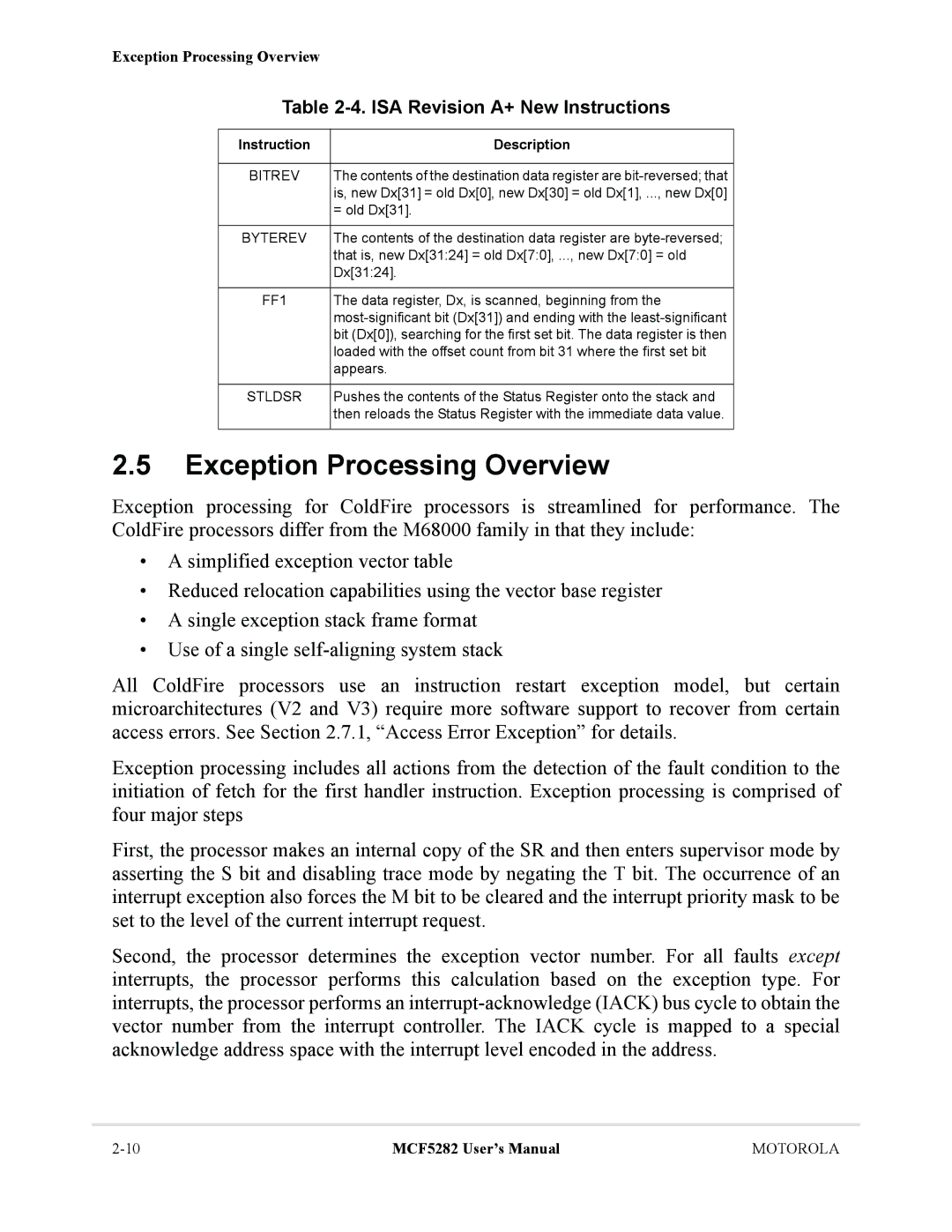 Motorola MCF5282, MCF5281 Exception Processing Overview, ISA Revision A+ New Instructions, Instruction Description 