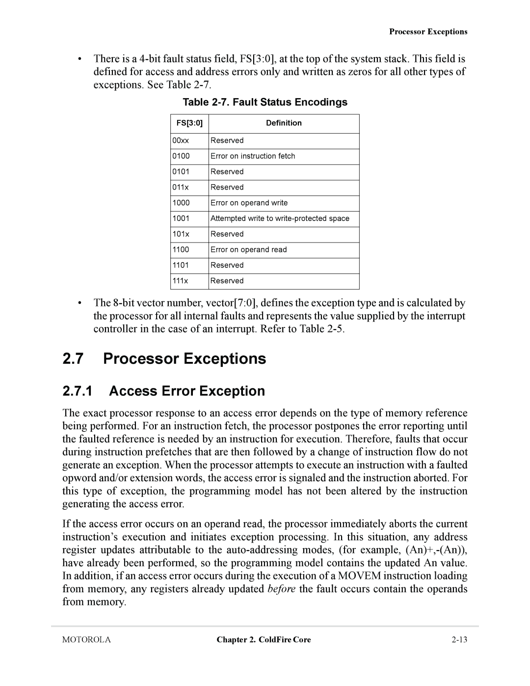 Motorola MCF5281, MCF5282 user manual Processor Exceptions, Access Error Exception, Fault Status Encodings, FS30 Definition 