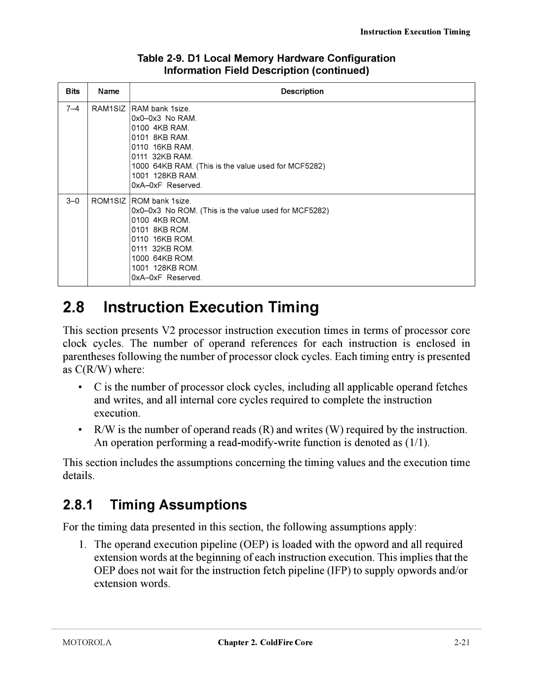 Motorola MCF5281, MCF5282 user manual Instruction Execution Timing, Timing Assumptions 