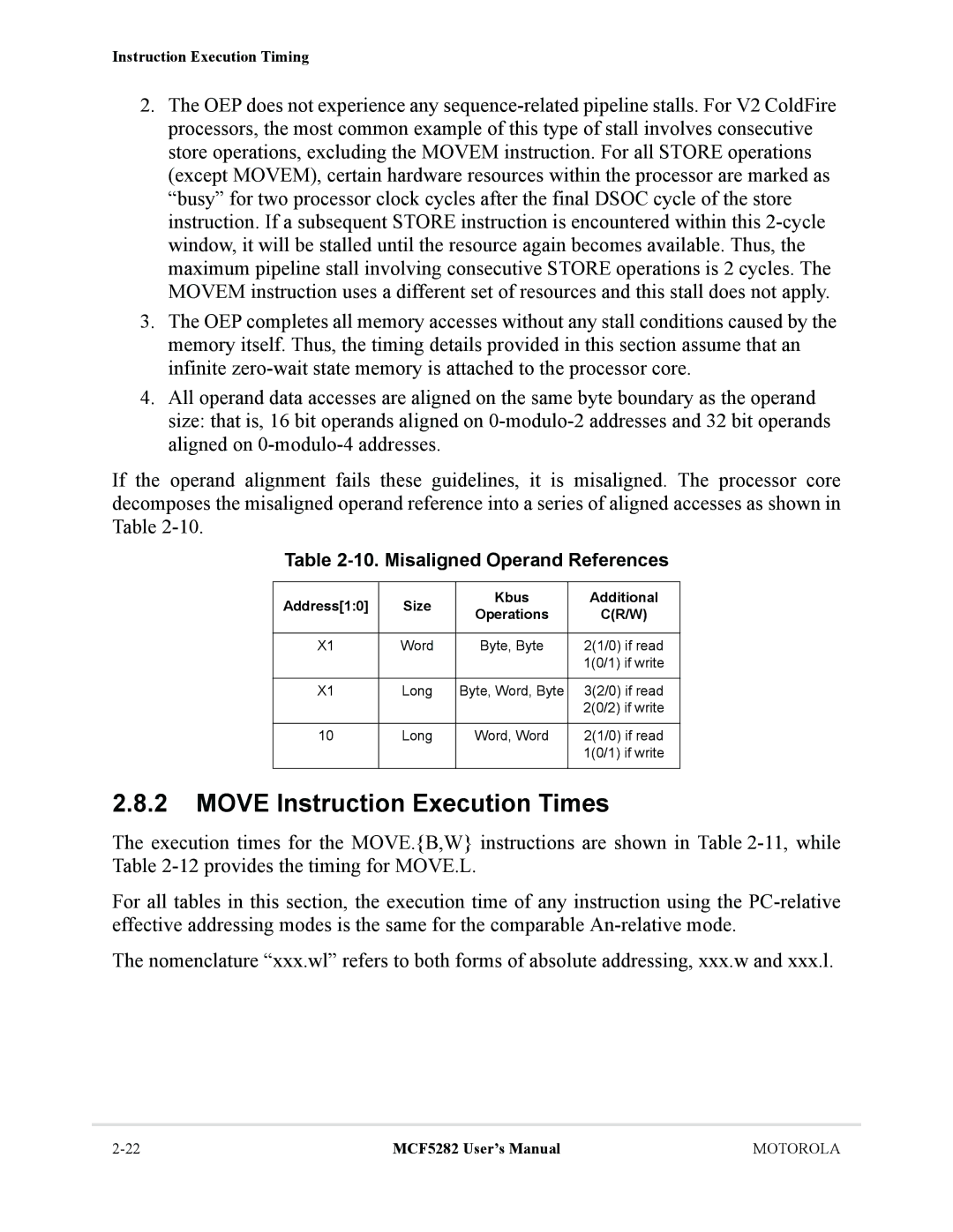 Motorola MCF5282, MCF5281 user manual Move Instruction Execution Times, Misaligned Operand References 