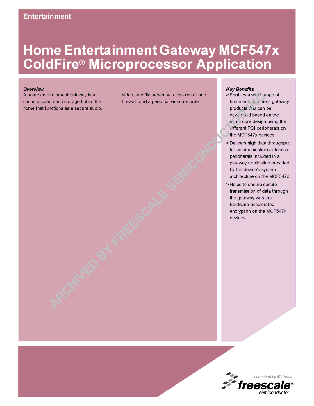 Motorola MCF547x manual Overview, Key Benefits 