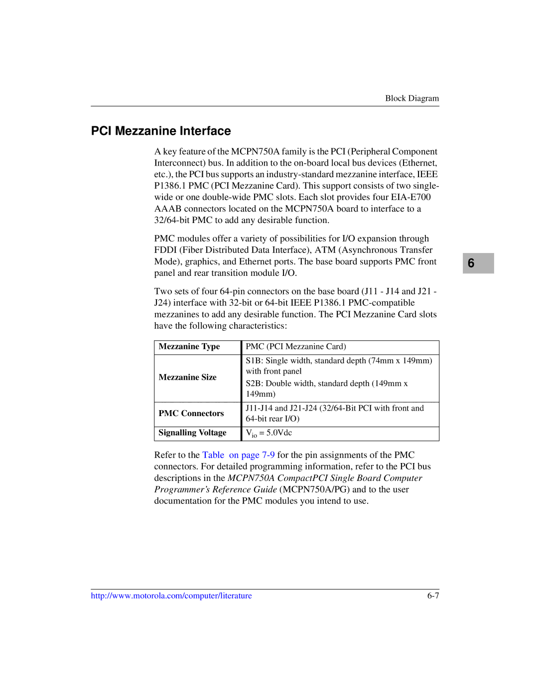 Motorola IH5, MCPN750A manual PCI Mezzanine Interface, Mezzanine Type, Mezzanine Size, PMC Connectors, Signalling Voltage 