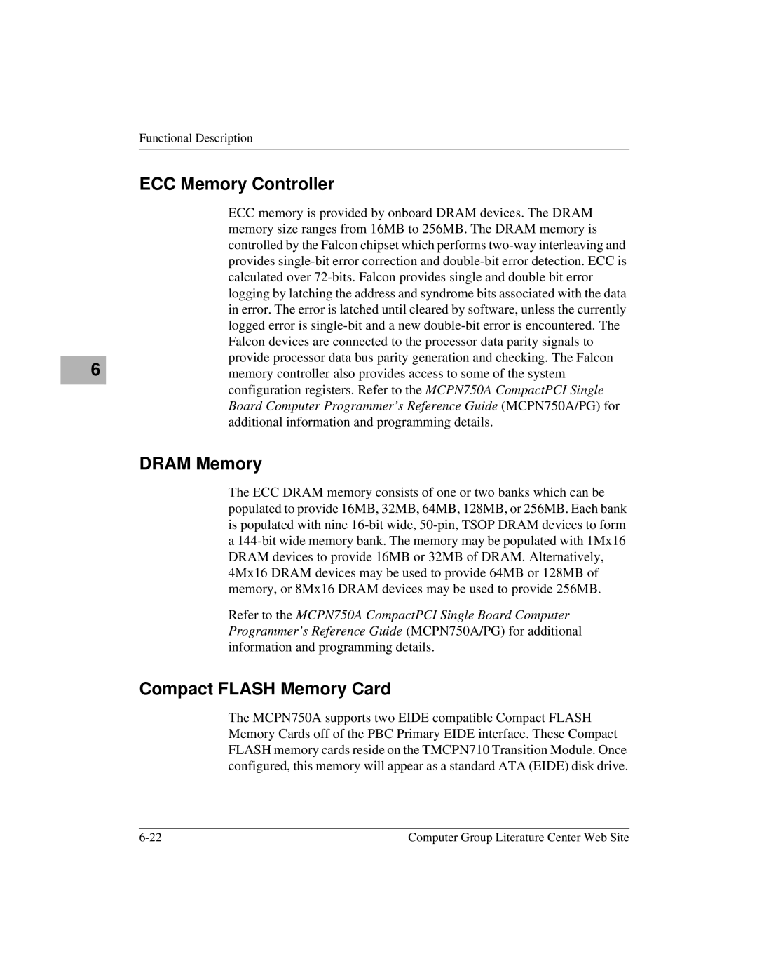 Motorola MCPN750A, IH5 manual ECC Memory Controller, Dram Memory, Compact Flash Memory Card 